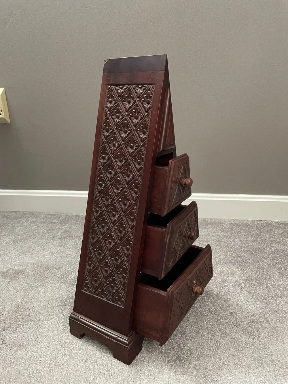 Hand-Carved Pyramid Wooden Jewelry Chest - Brown